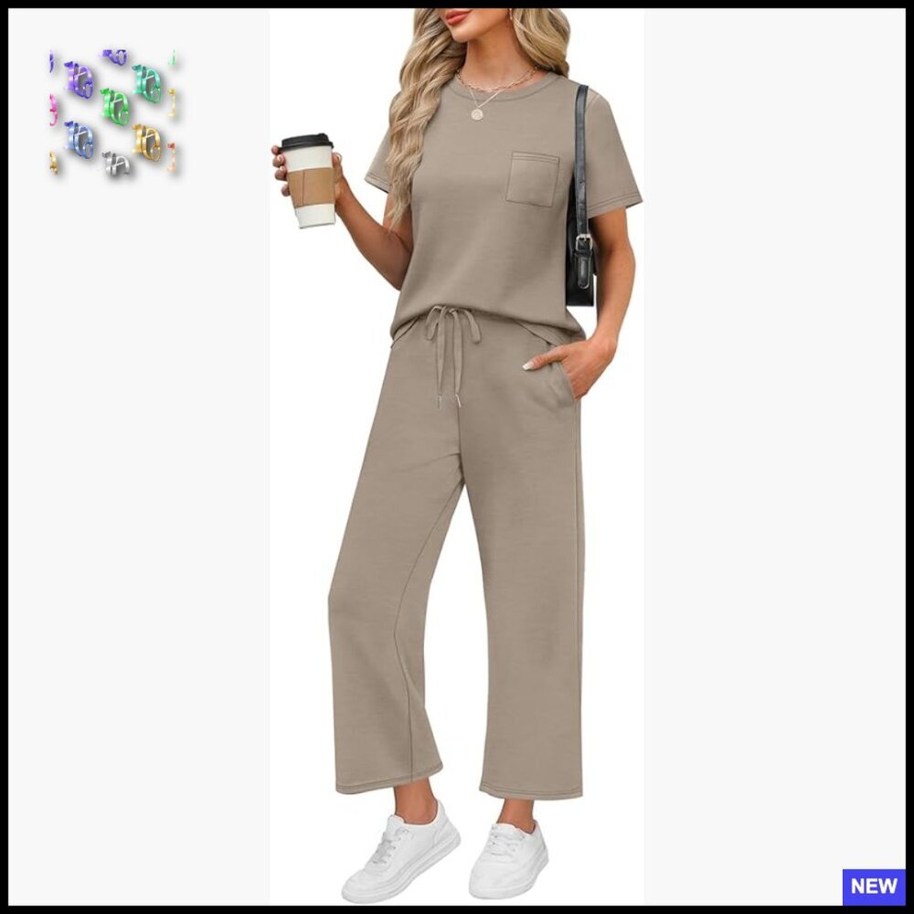 Two Piece Set Wide Leg Crop Pants Lounge Wear Travel Outfit Chic Casual